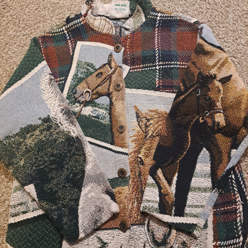 Vintage 90s Sugar Street Weavers Equestrian Tapestry Jacket - Picture 3 of 4